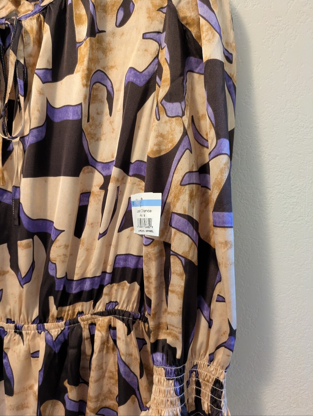 Melloday Abstract Print Tiered Midi Dress in Beige and Purple - Picture 9 of 13